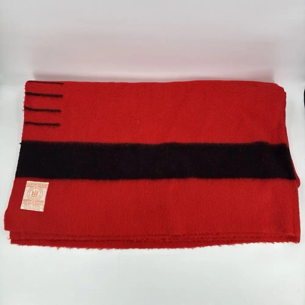 Vintage Hudson Bay Blanket Red Wool Striped 4 Point Queen Gold Label 1930s 84x74